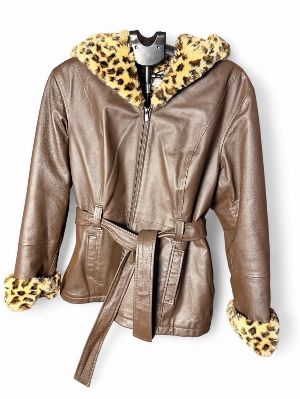 Wilsons Leather Genuine Leather Leopard Faux Fur Hooded Belted Jacket L Y2K
